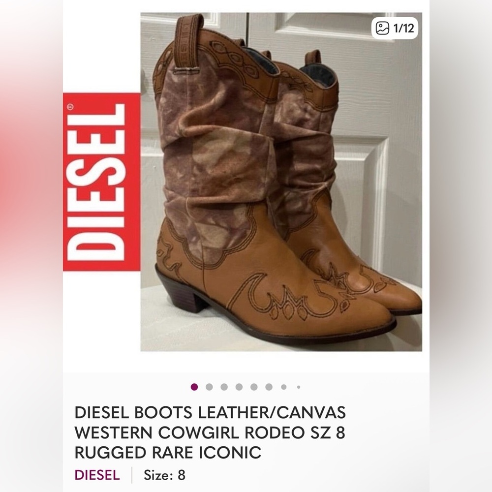 DIESEL BOOTS LEATHER/CANVAS  WESTERN COWGIRL RODEO SZ 8 RUGGED RARE ICONIC - Picture 11 of 17